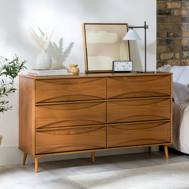 Walker Edison 58” Mid-Century Modern Curved Front 6-Drawer Dresser, Caramel