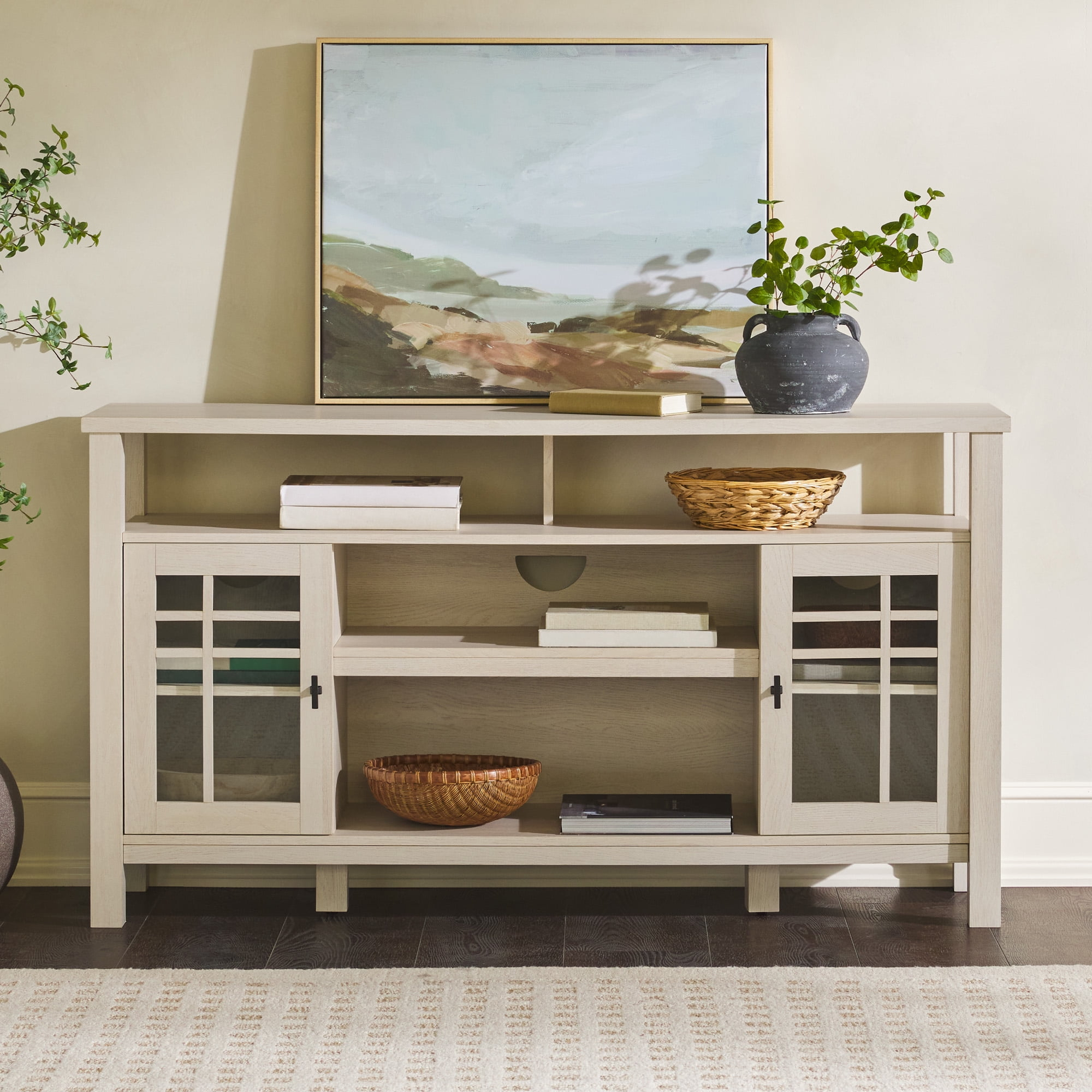 Walker Edison 58" Transitional 2-Door Windowpane TV Stand for TVs up to 65”, Ivory Oak