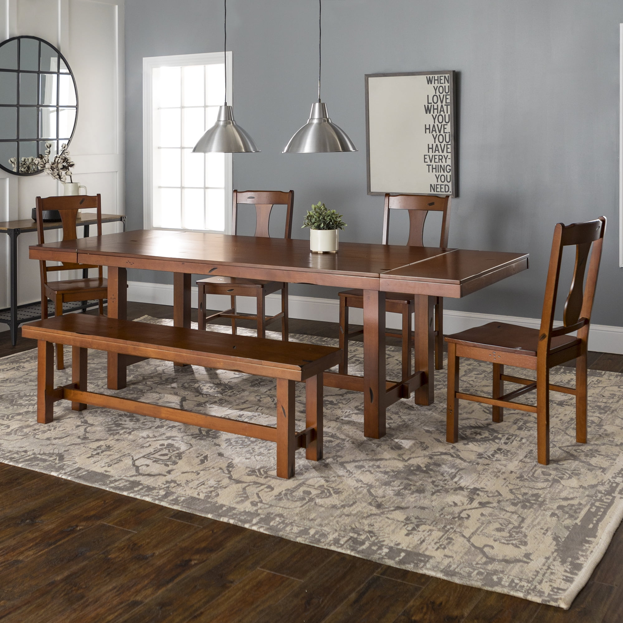 Walker Edison 6-Piece Distressed Dark Oak Wood Dining Set with Bench
