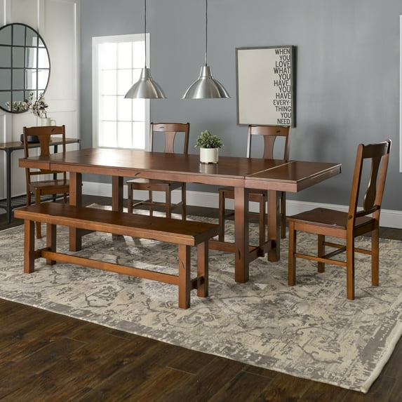 Walker Edison 6-Piece Distressed Dark Oak Wood Dining Set with Bench