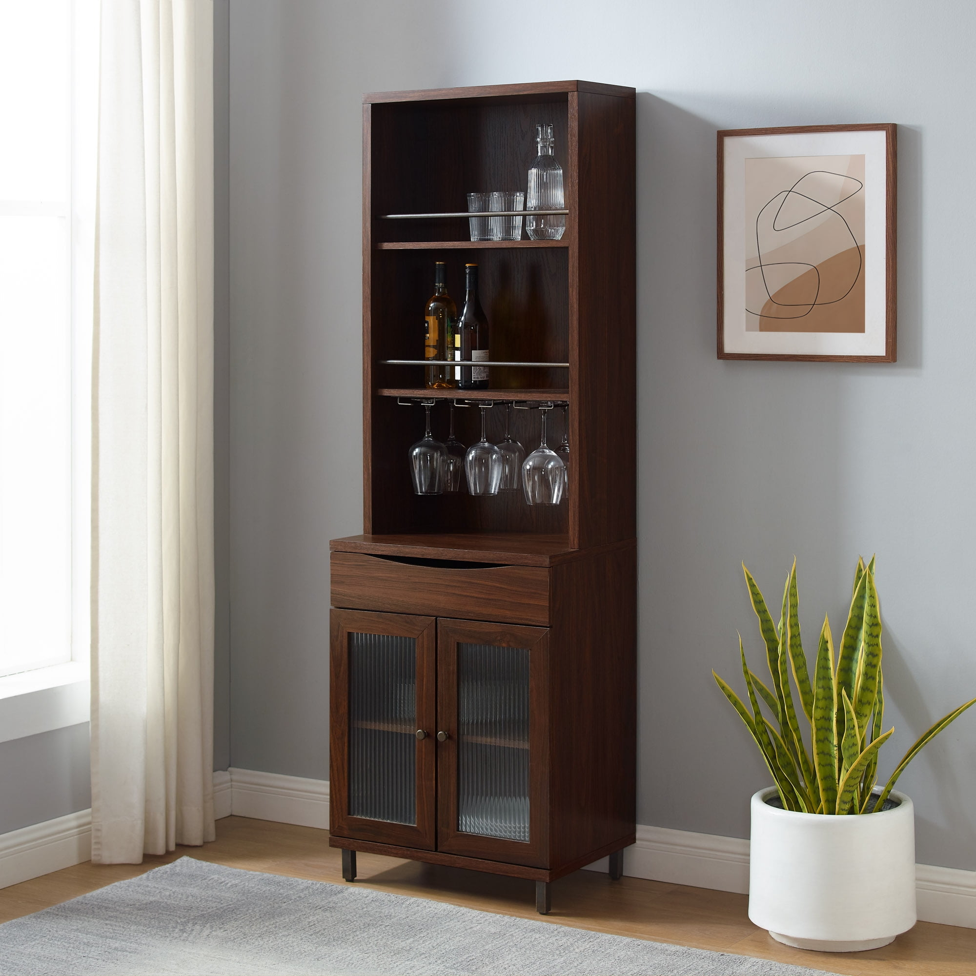 Walker Edison 72” Contemporary Wine Storage Hutch Bar Cabinet, Dark Walnut