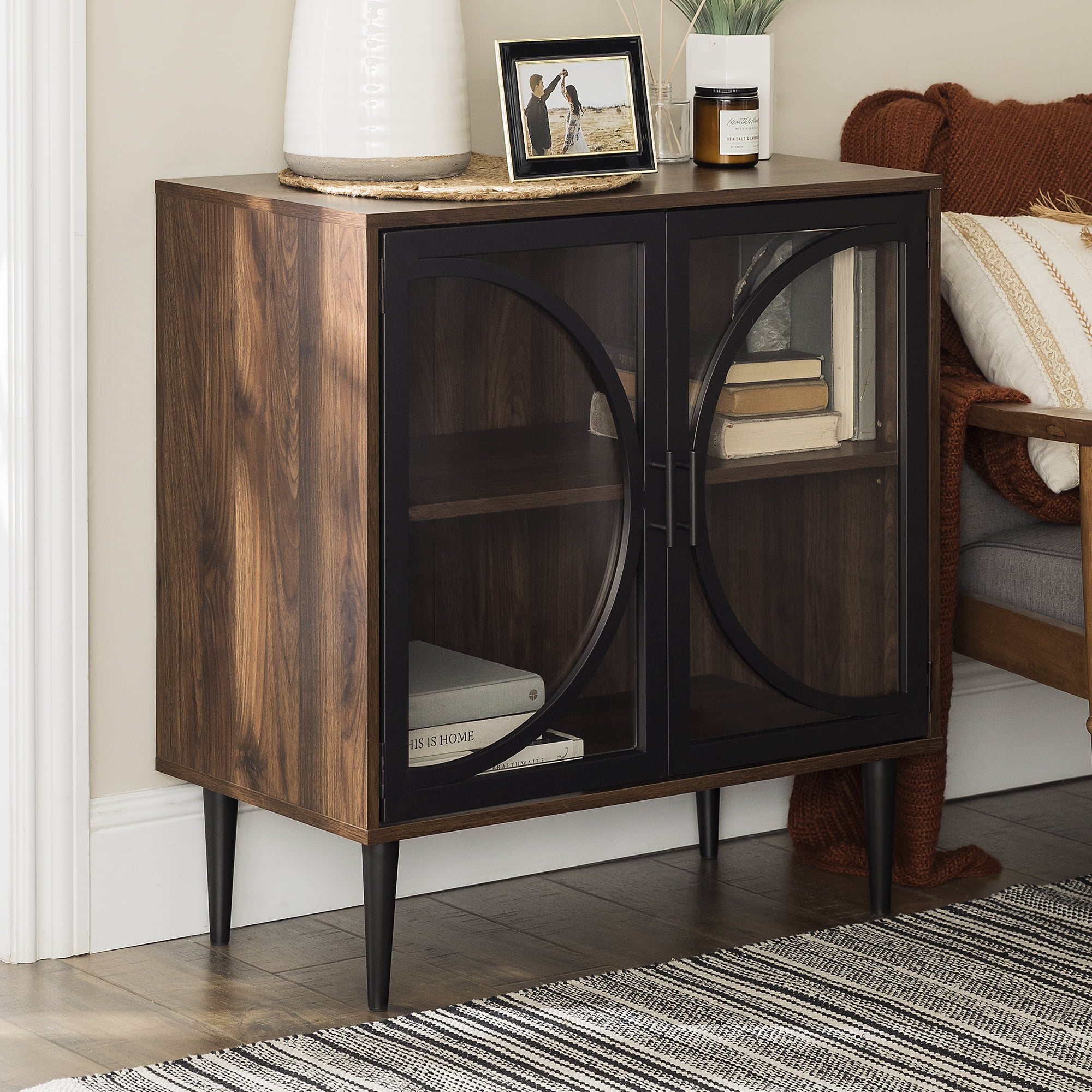 Walker Edison Aspen Fretwork Accent Cabinet, Dark Walnut