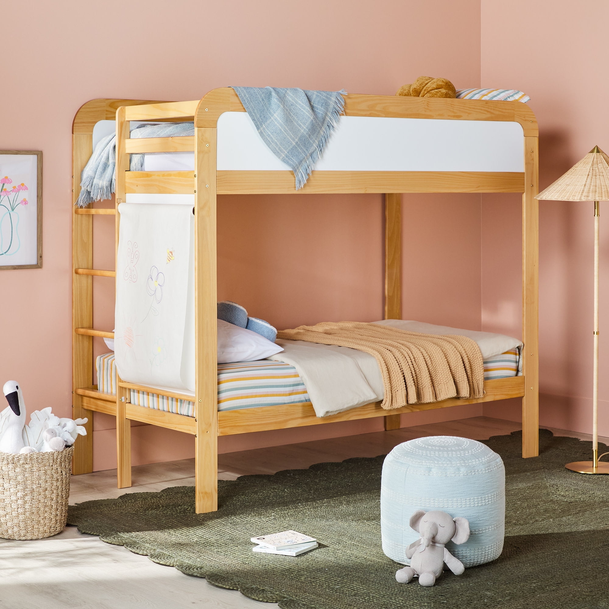 Walker Edison Contemporary Twin over Twin Wooden Bunk Bed with Ladder, Natural Pine