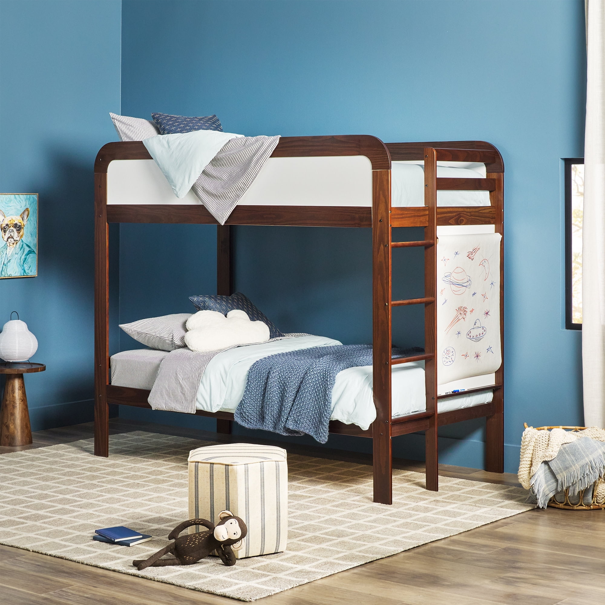 Walker Edison Contemporary Twin over Twin Wooden Bunk Bed with Ladder, Walnut