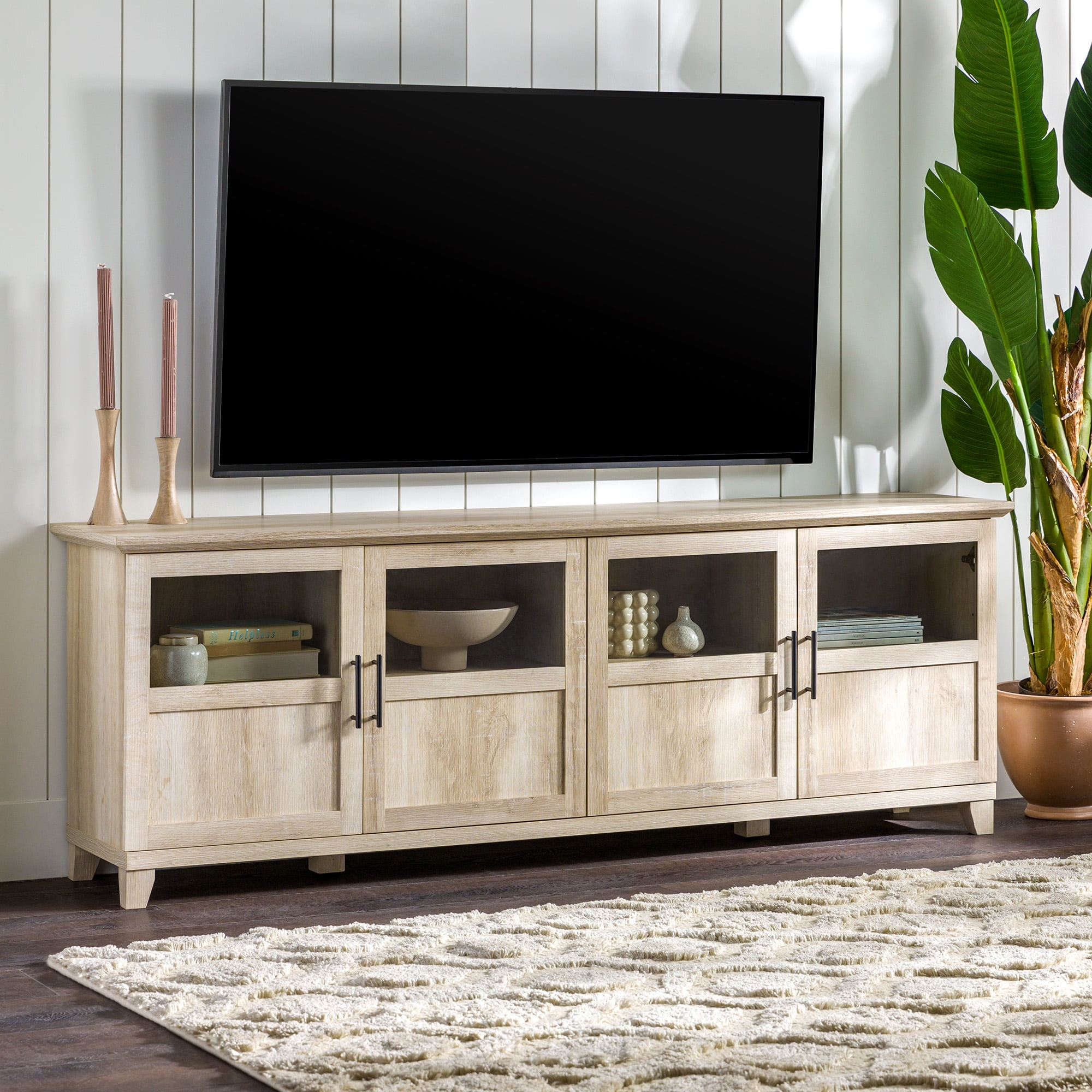 Walker Edison Farmhouse 4 Door TV Stand for TVs Up to 78", White Oak