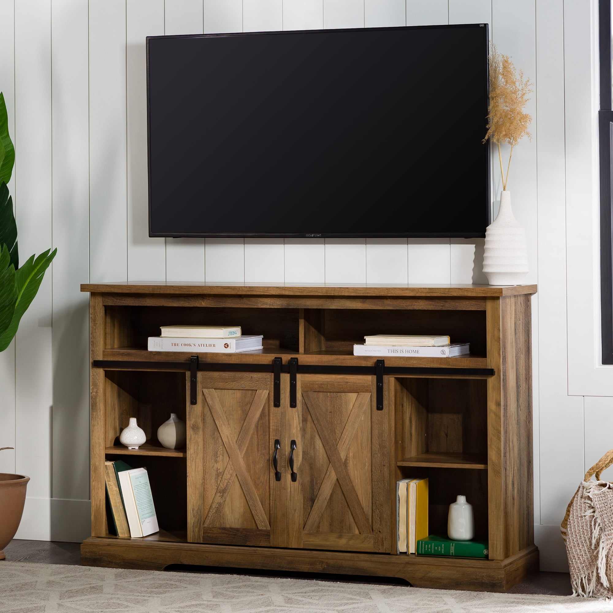 Walker Edison Farmhouse Barn Door TV Stand for TVs up to 58", Reclaimed Barnwood