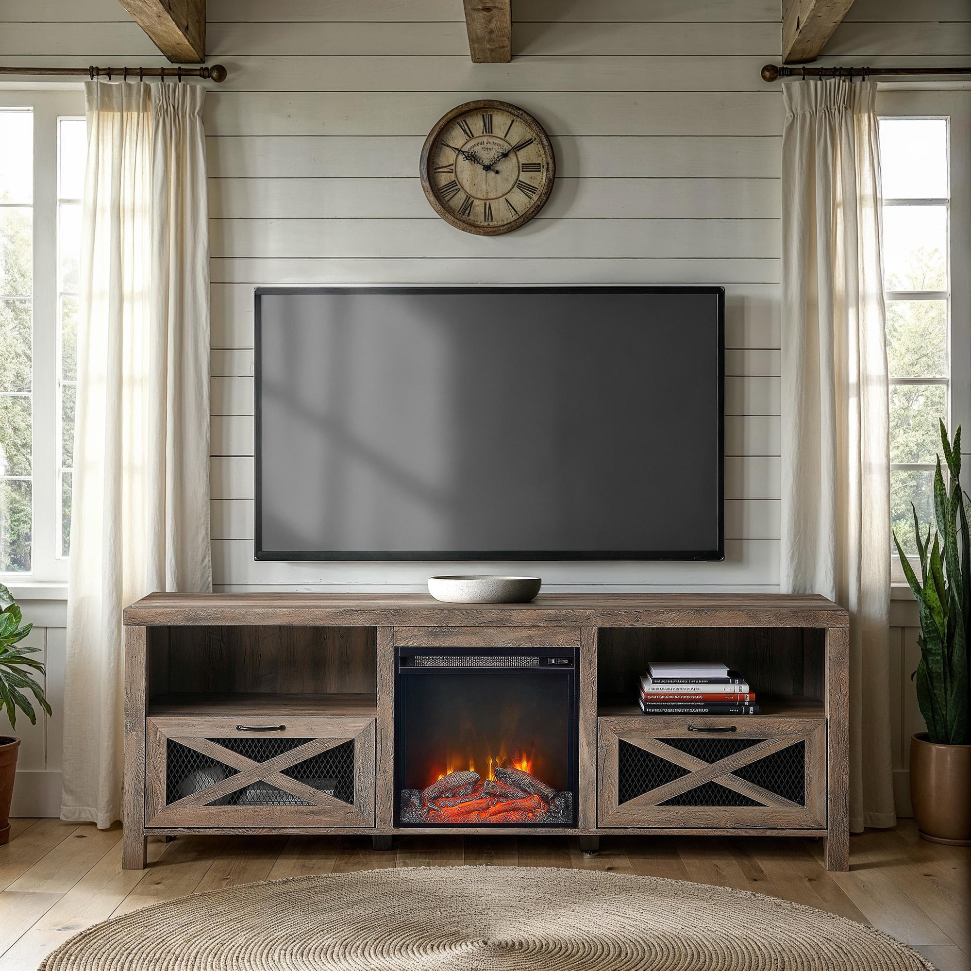 Walker Edison Farmhouse Fireplace TV Stand for TVs up to 80", Grey Wash