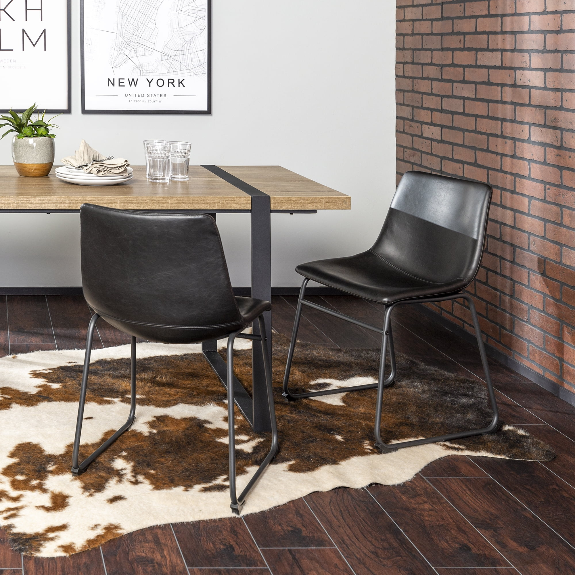 ONKER  Douglas Urban Industrial Faux Leather Armless Dining Chairs, Set of 2, Black