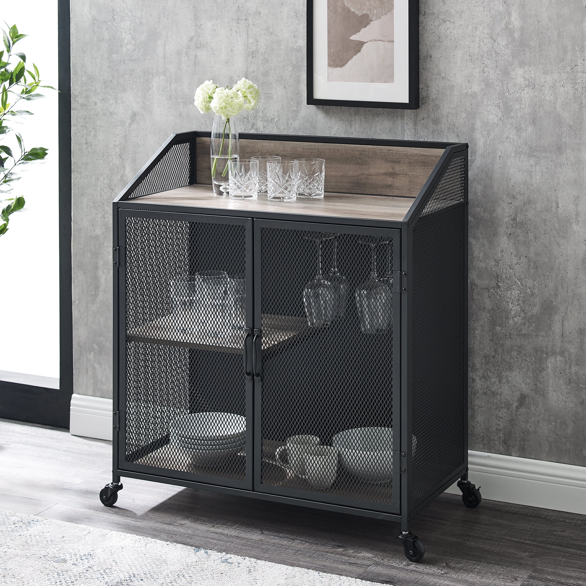 Walker Edison Industrial Bar Cabinet with Wheels, Grey Wash