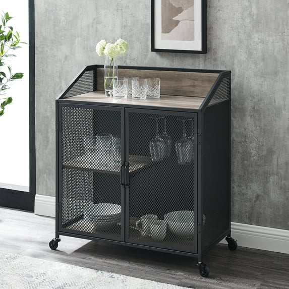 Walker Edison Industrial Bar Cabinet with Wheels, Grey Wash