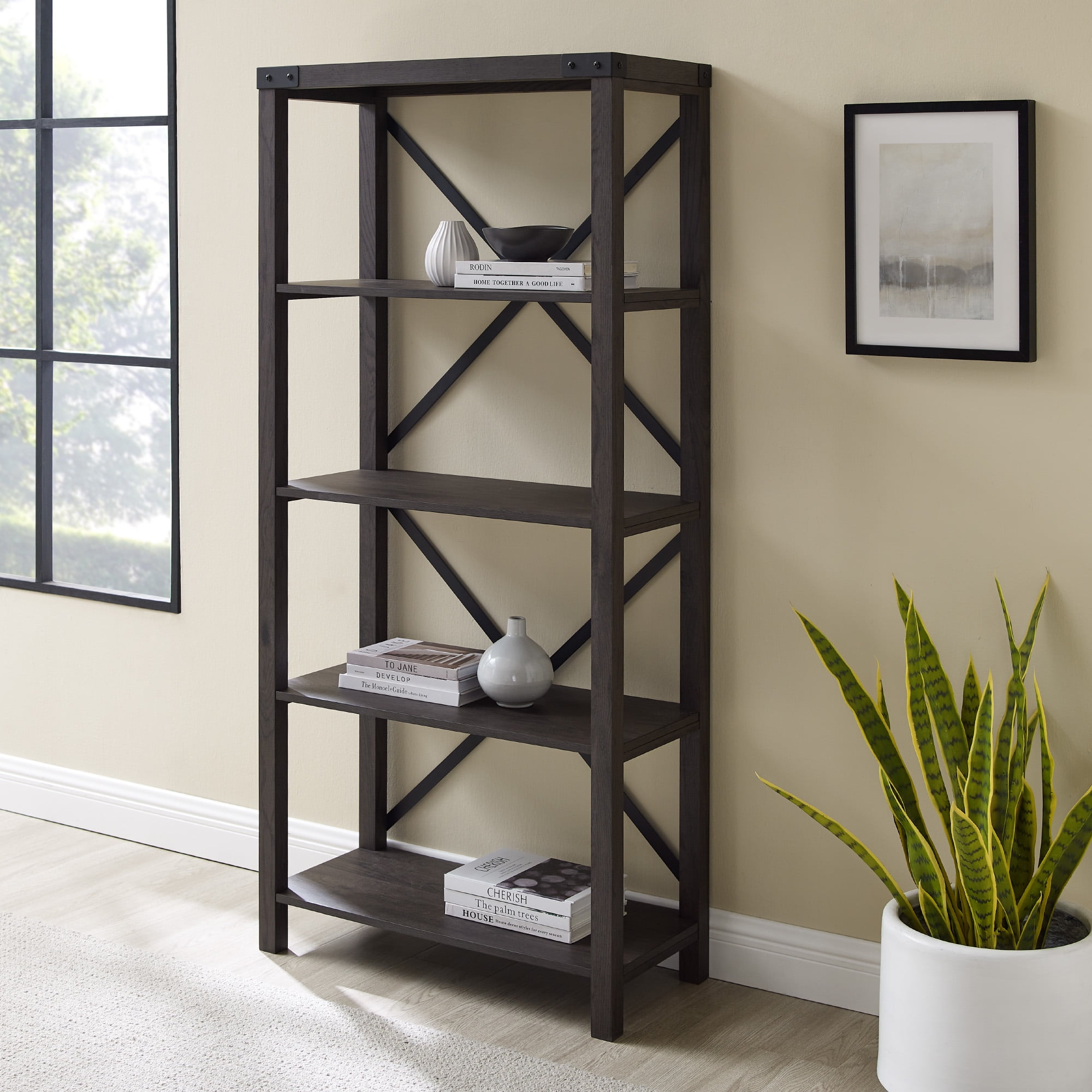 Walker Edison Industrial Farmhouse 4 Shelf Bookshelf, Sable Grey