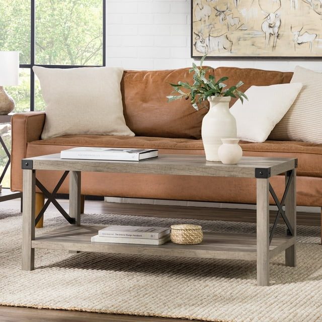Walker Edison Magnolia Metal X Coffee Table, Gray Wash