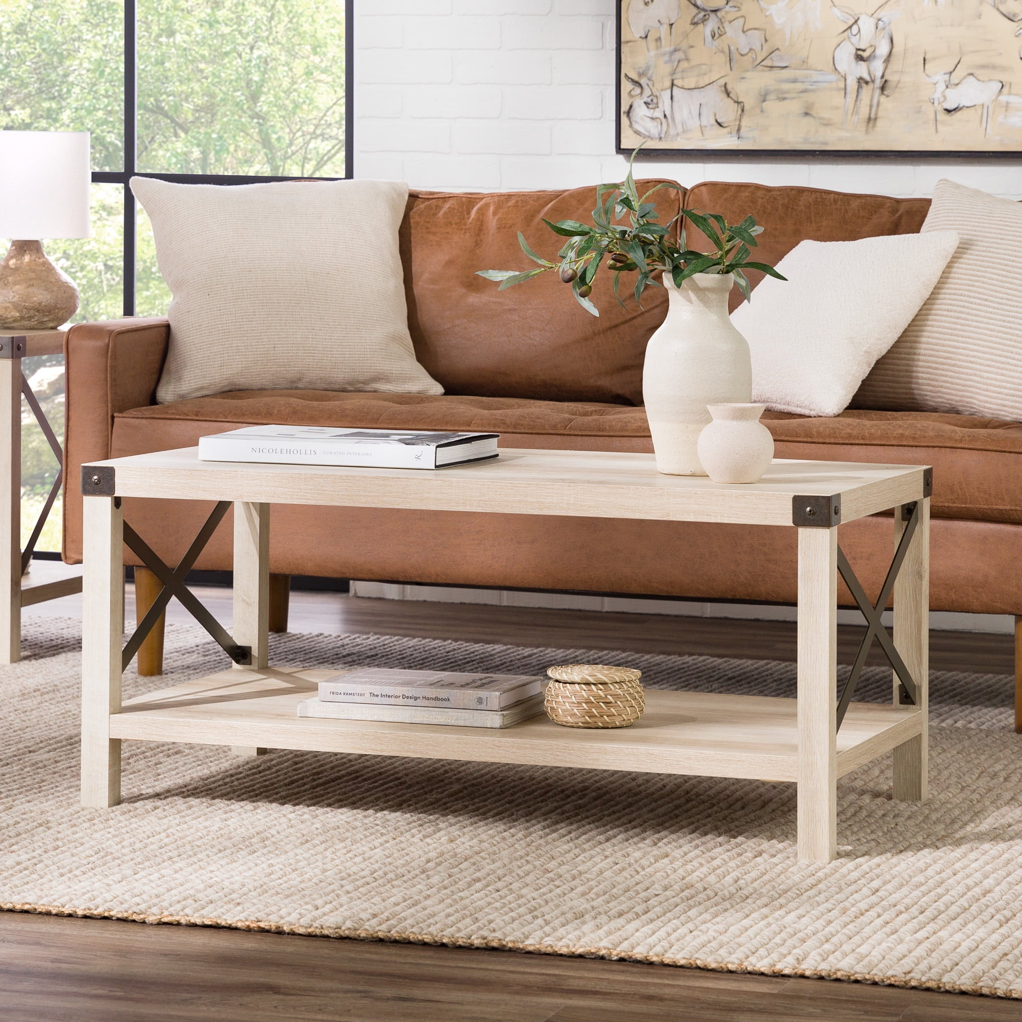 Walker Edison Magnolia Metal X Coffee Table, White Oak