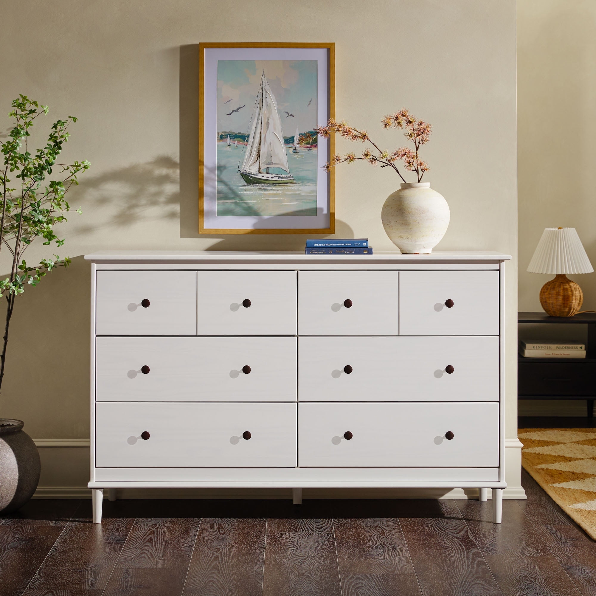 Walker Edison Mid-Century Modern 6-Drawer Solid Wood Dresser, White