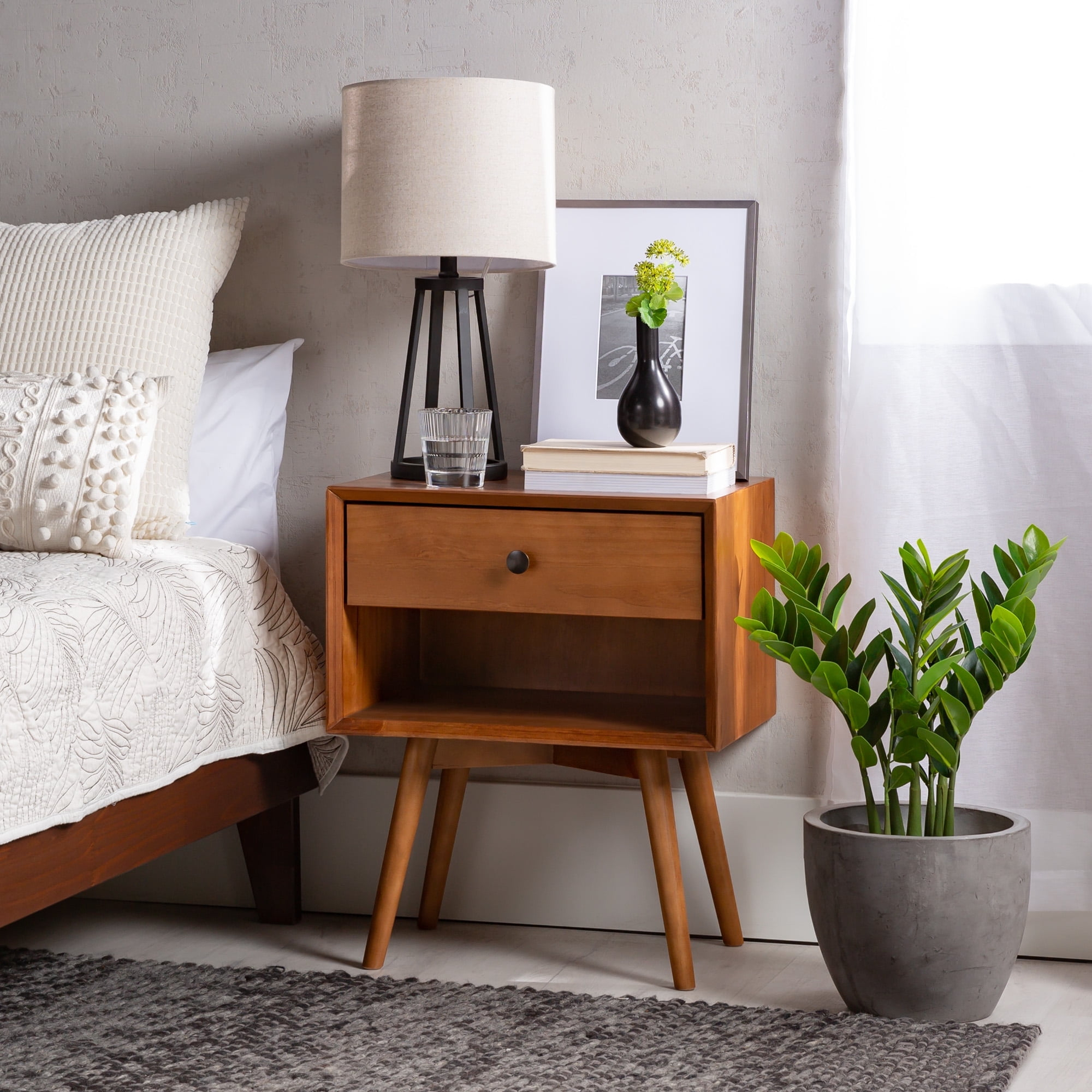 Walker Edison Mid Century Caramel Solid Wood Nightstand