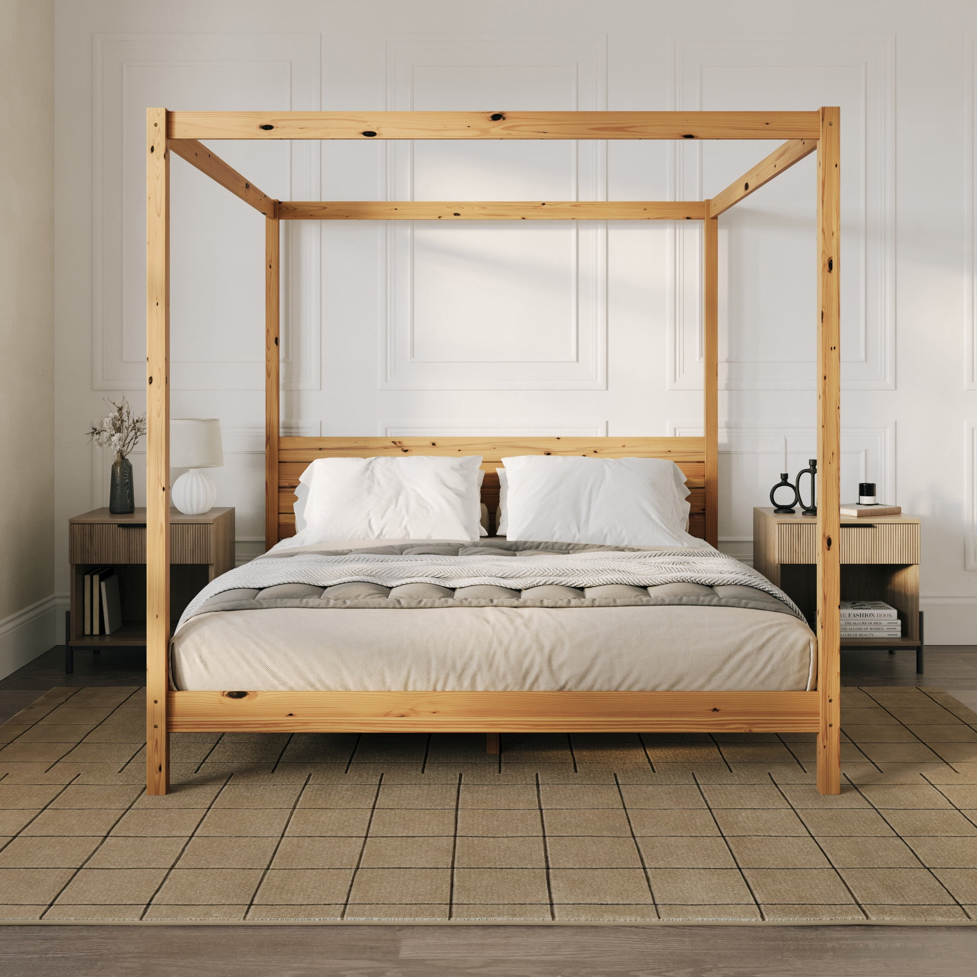 Walker Edison Minimalist Solid Wood King-Size Canopy Bedframe, Natural Pine