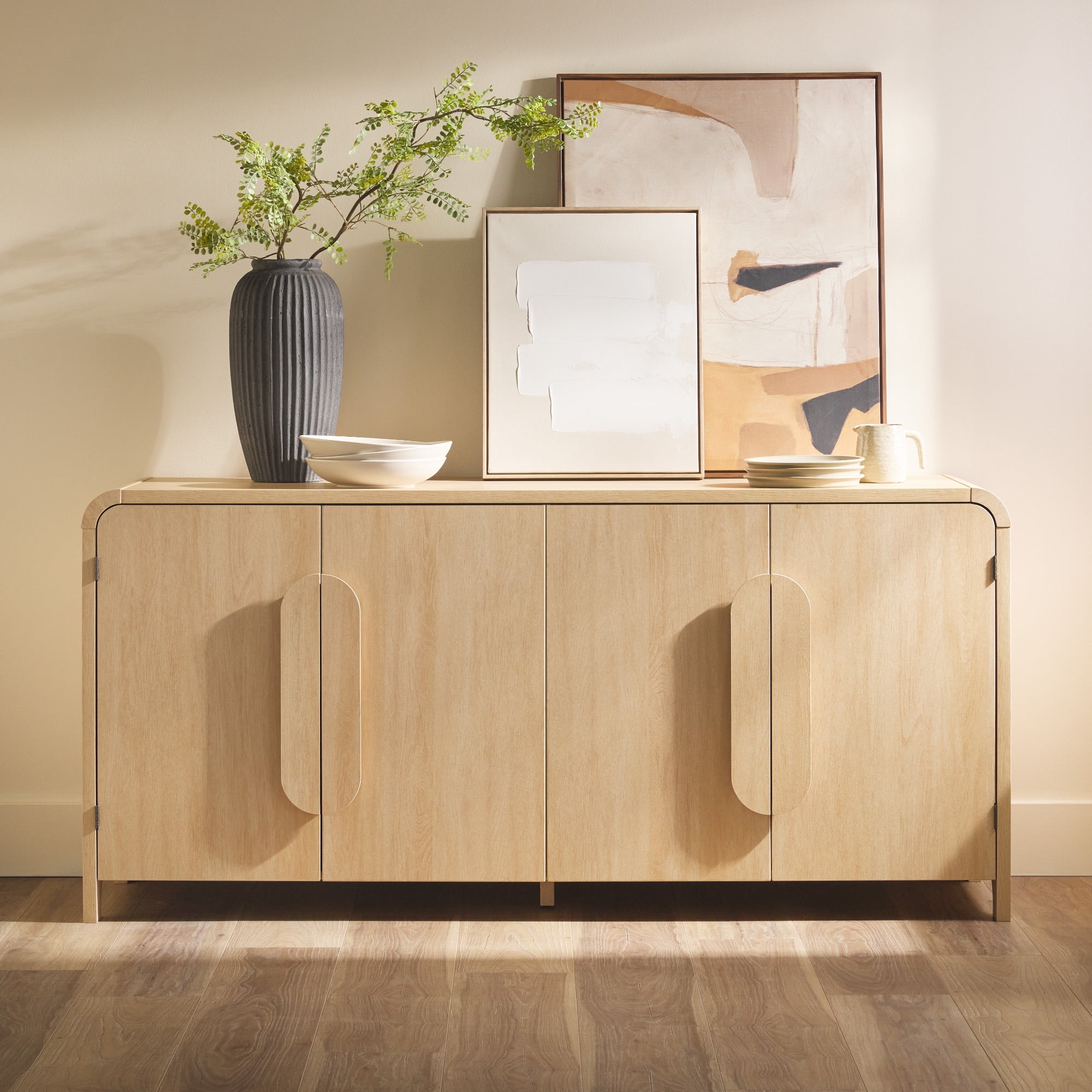 Walker Edison Modern 64" Sideboard with Rounded Edges, Coastal Oak