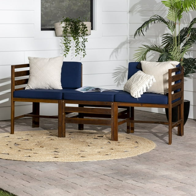 Walker Edison Modern Acacia Modular Patio Sofa Set, Dark Brown/Navy