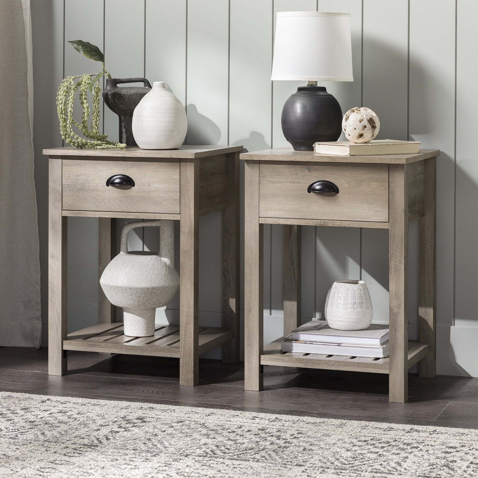 Country Farmhouse Single Drawer End Table Set in Gray Wash