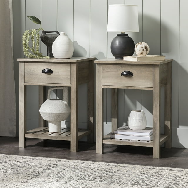 Walker Edison Modern Farmhouse 1 Drawer End Table, Set of 2, Grey Wash
