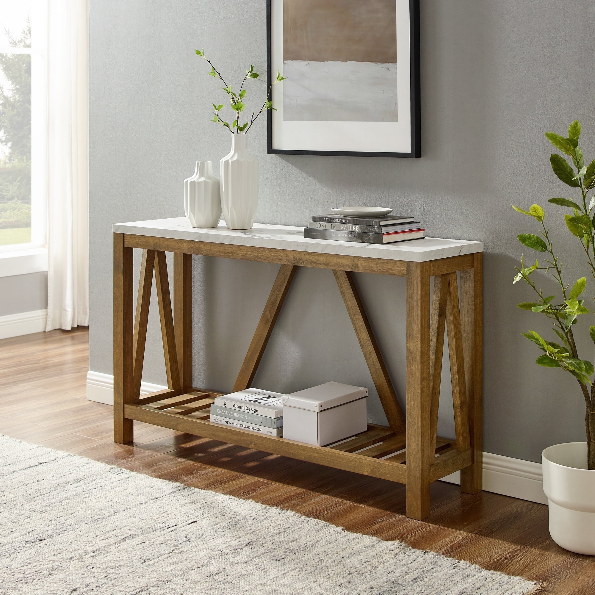 Walker Edison Modern Farmhouse Faux Marble and Walnut Entryway Table, Faux White Marble/Walnut