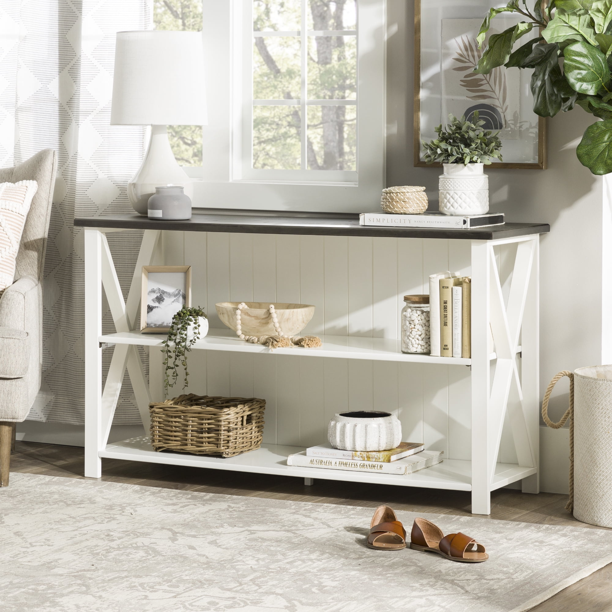 Walker Edison Modern Farmhouse Solid Wood Storage Console Table, White/Grey