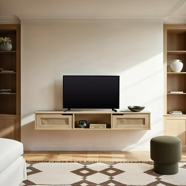 Walker Edison Modern Floating Rattan-Door TV Stand for TVs up to 65”, Coastal Oak