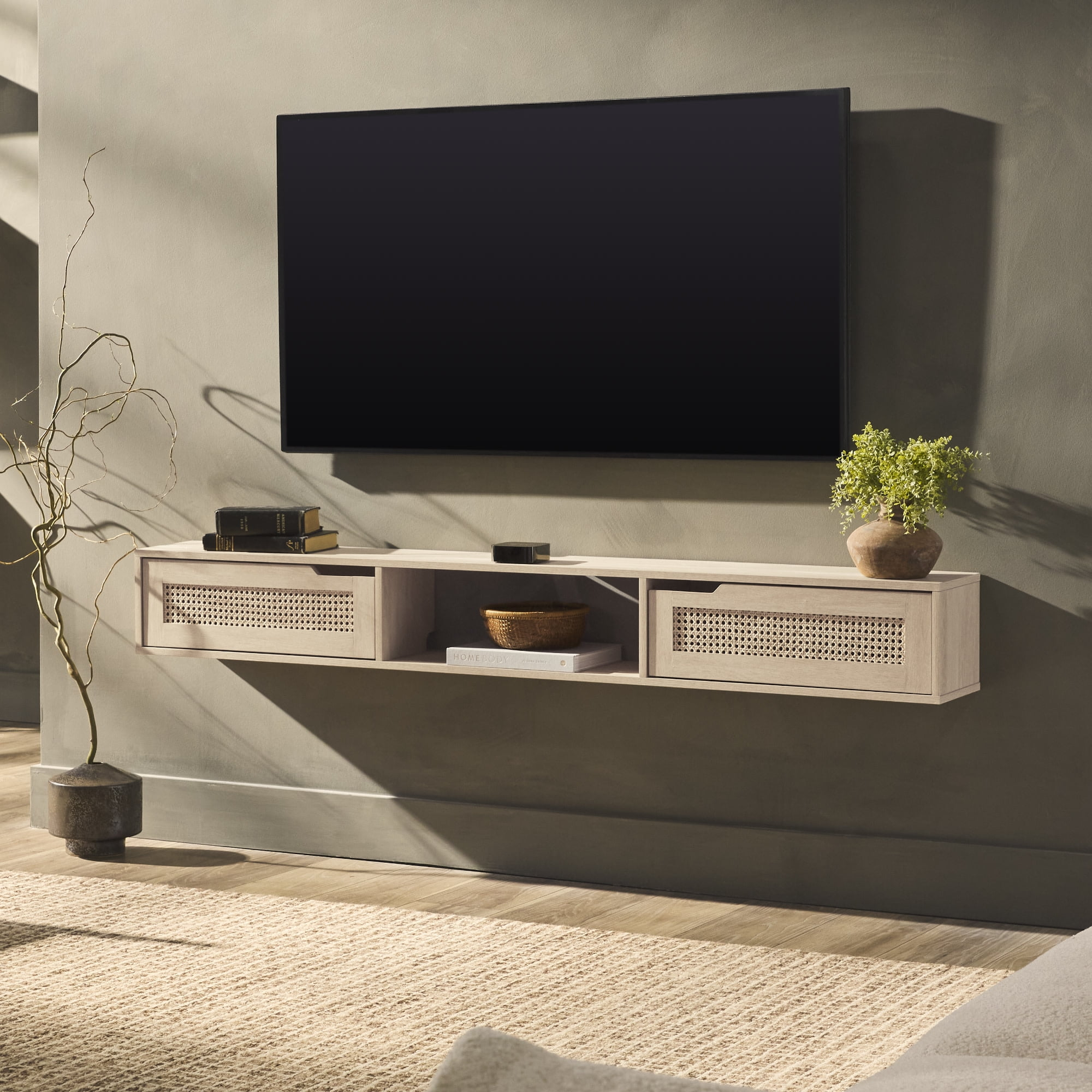 Walker Edison Modern Floating Rattan-Door TV Stand for TVs up to 65”, Coastal Oak
