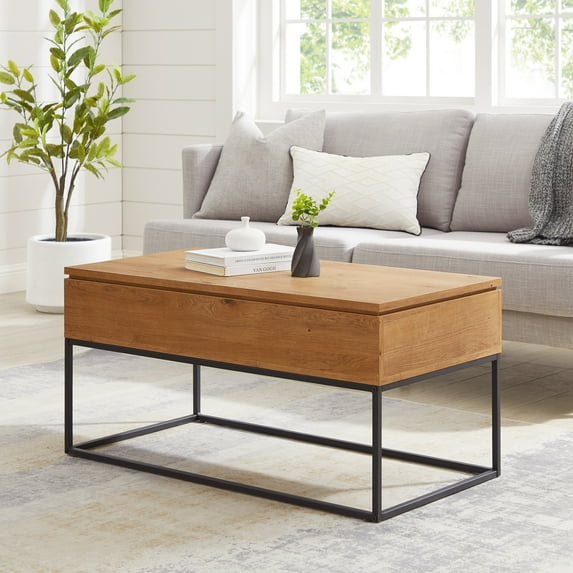 Walker Edison Modern Wood and Metal Lift-Top Coffee Table, English Oak