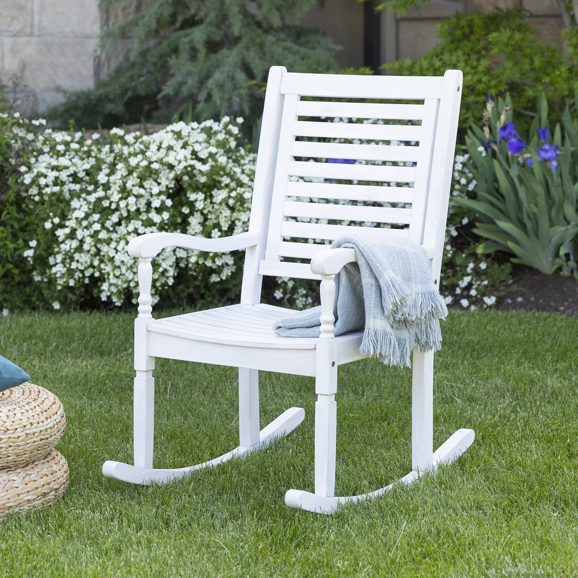 Walker Edison Solid Wood Outdoor Patio Wash Rocking Chair, White Wash