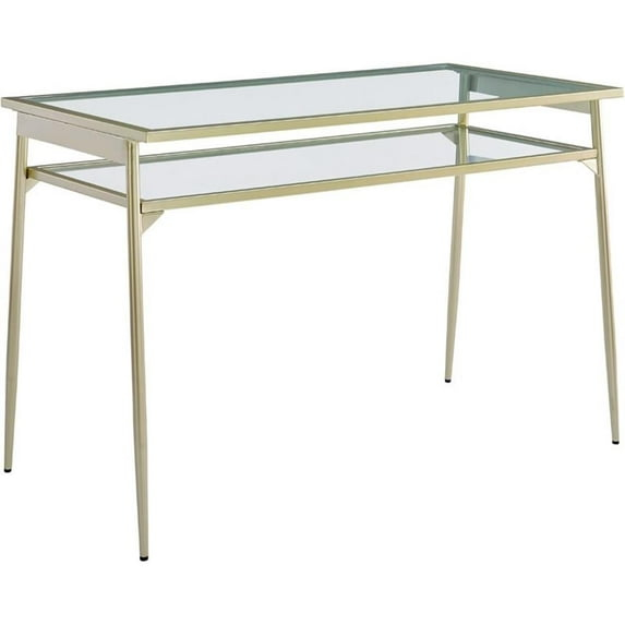 Walker Edison Olivia Contemporary 2 Tier Glass Top Metal Desk, 48 Inch, Gold