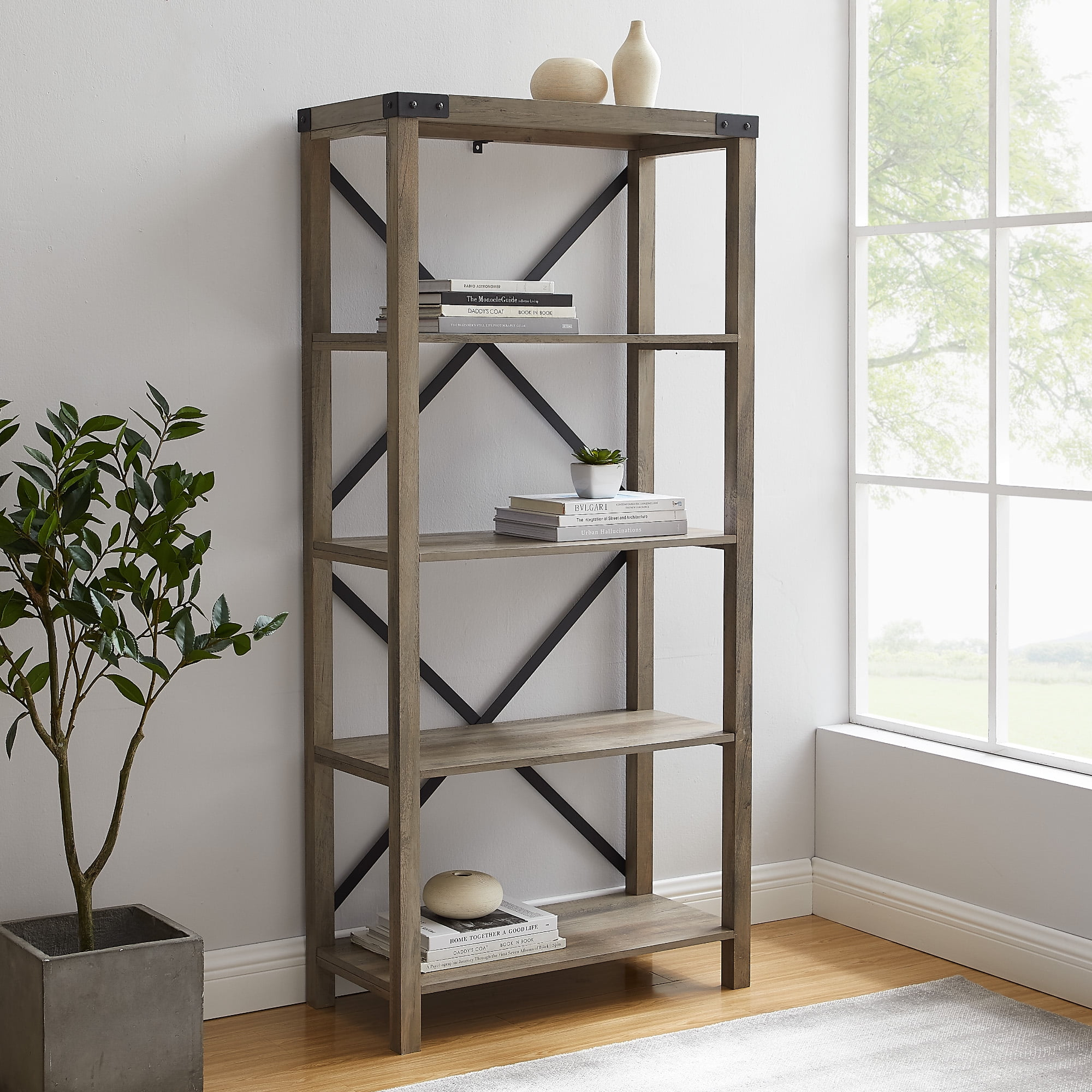 64" Farmhouse Metal X Bookcase - Gray Wash