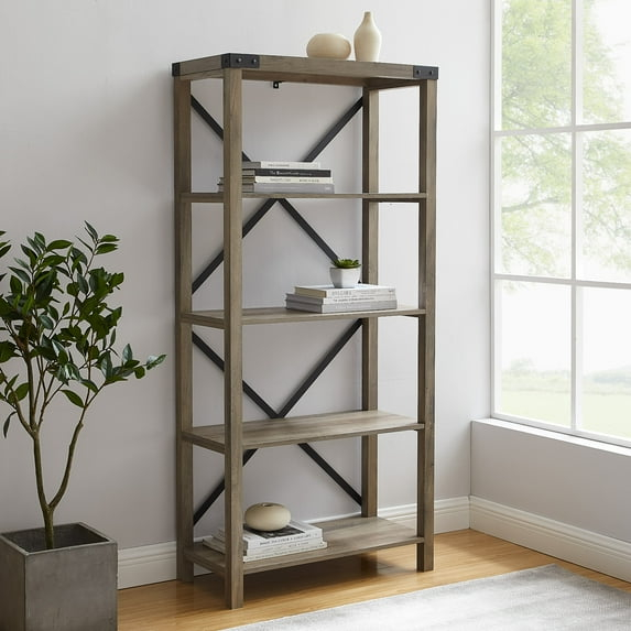 64" Farmhouse Metal X Bookcase - Gray Wash