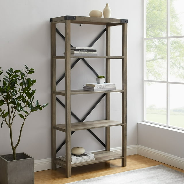 64" Farmhouse Metal X Bookcase - Gray Wash