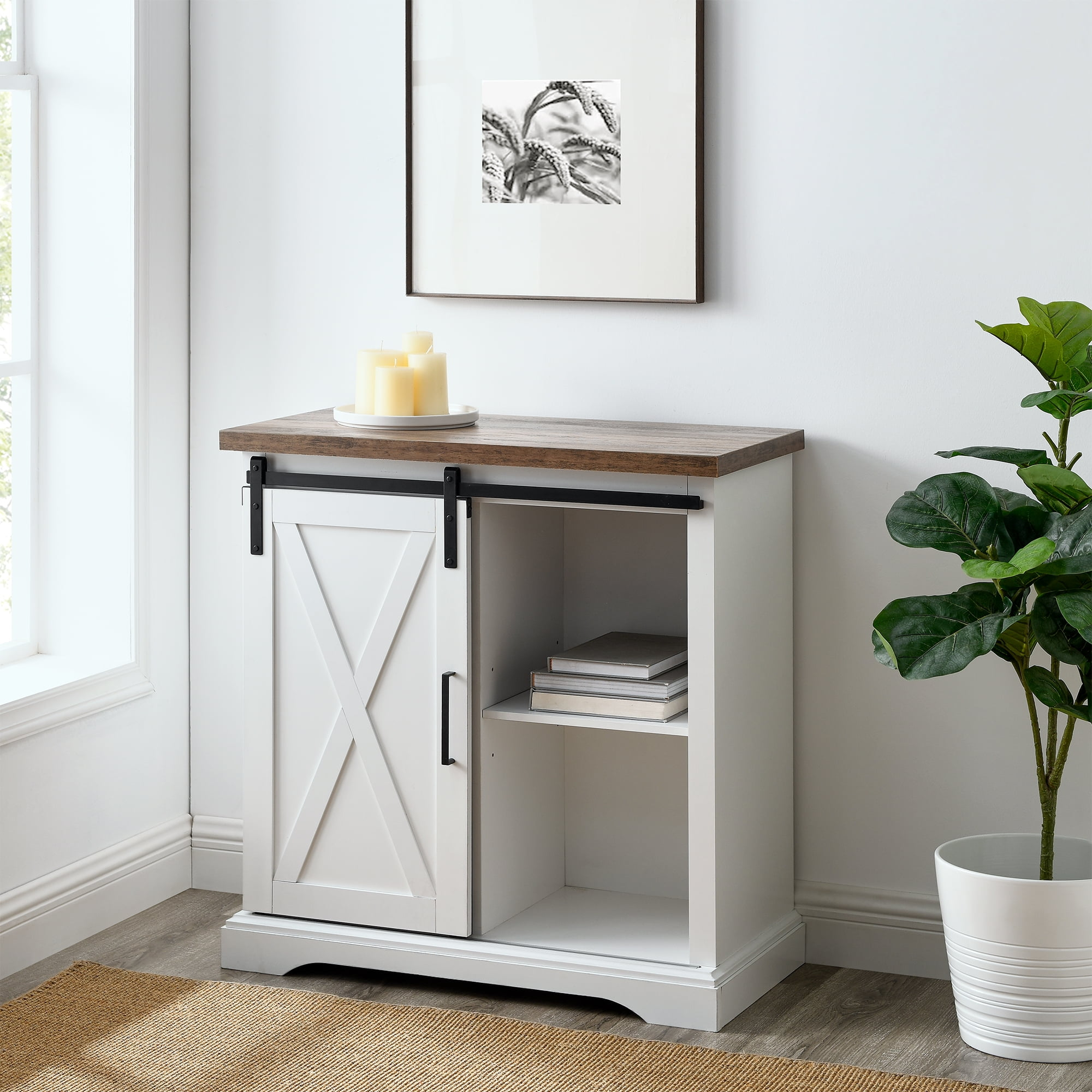 Walker Edison Sliding Barn Door Accent Cabinet, Solid White / Rustic Oak