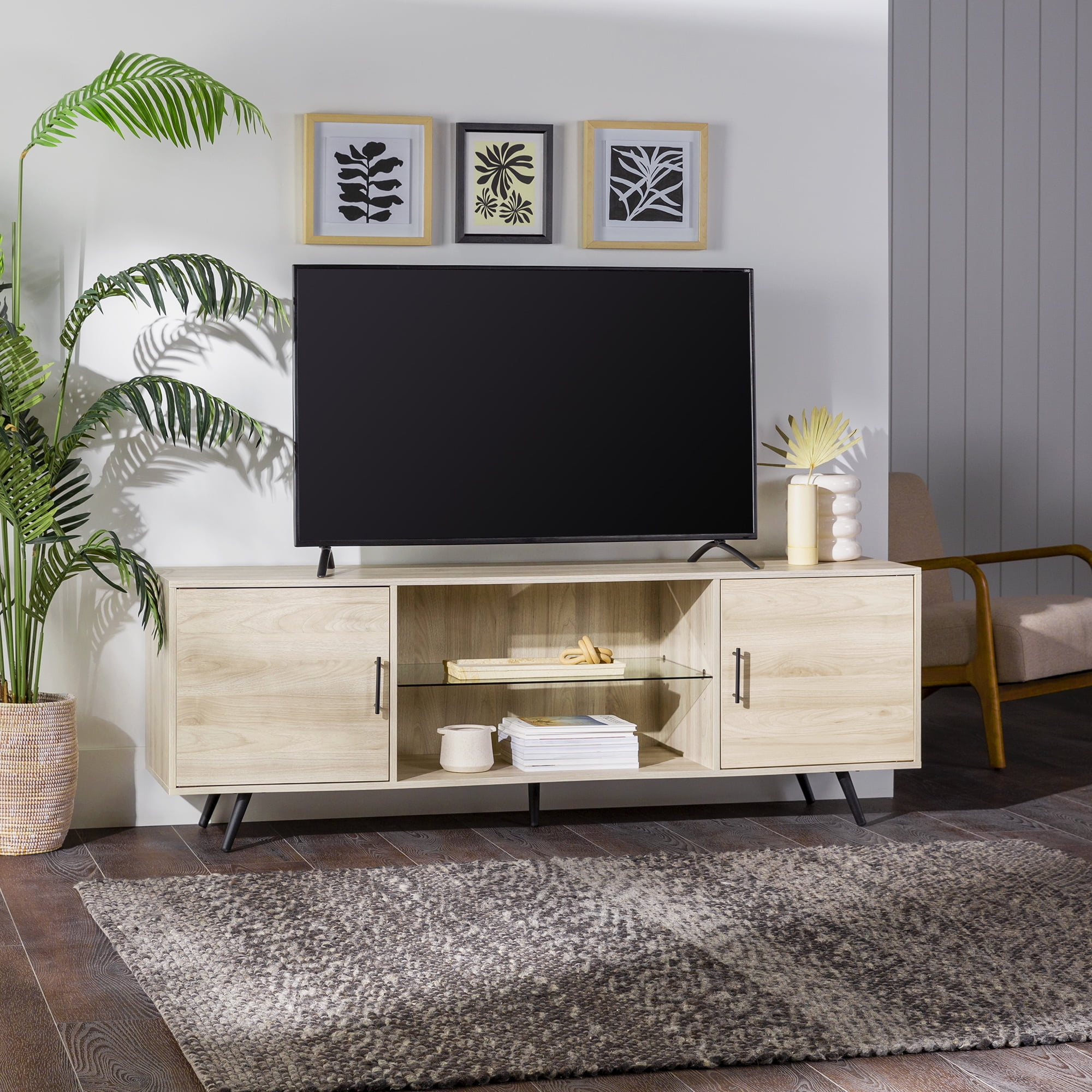 Mid-Century Modern 2-Door 70" Tv Stand For 80" Tvs With Glass Shelf - Birch