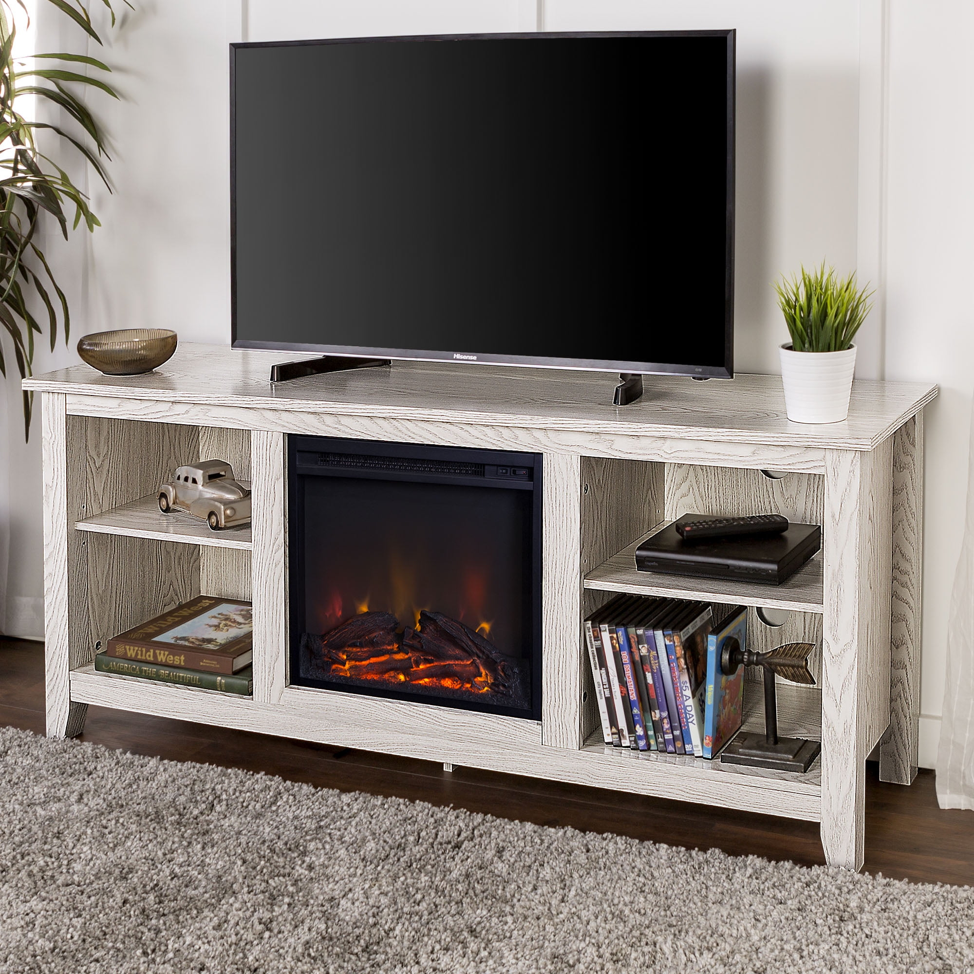 Walker Edison Wren Classic 4 Cubby Fireplace TV Stand for TVs up to 65 Inches, 58 Inch, White Wash