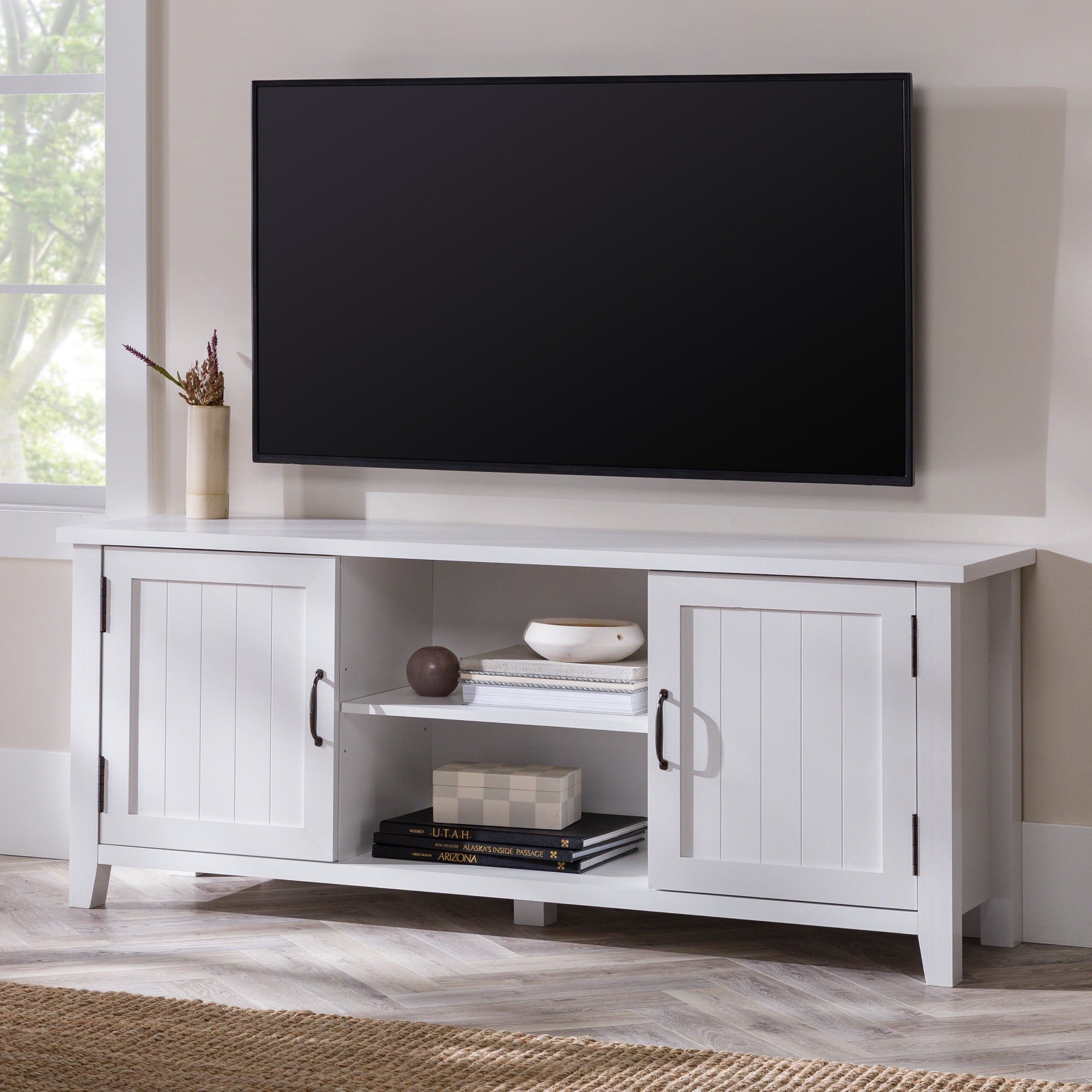Walker Edison Transitional Grooved-Door TV Stand for TVs up to 65”, White
