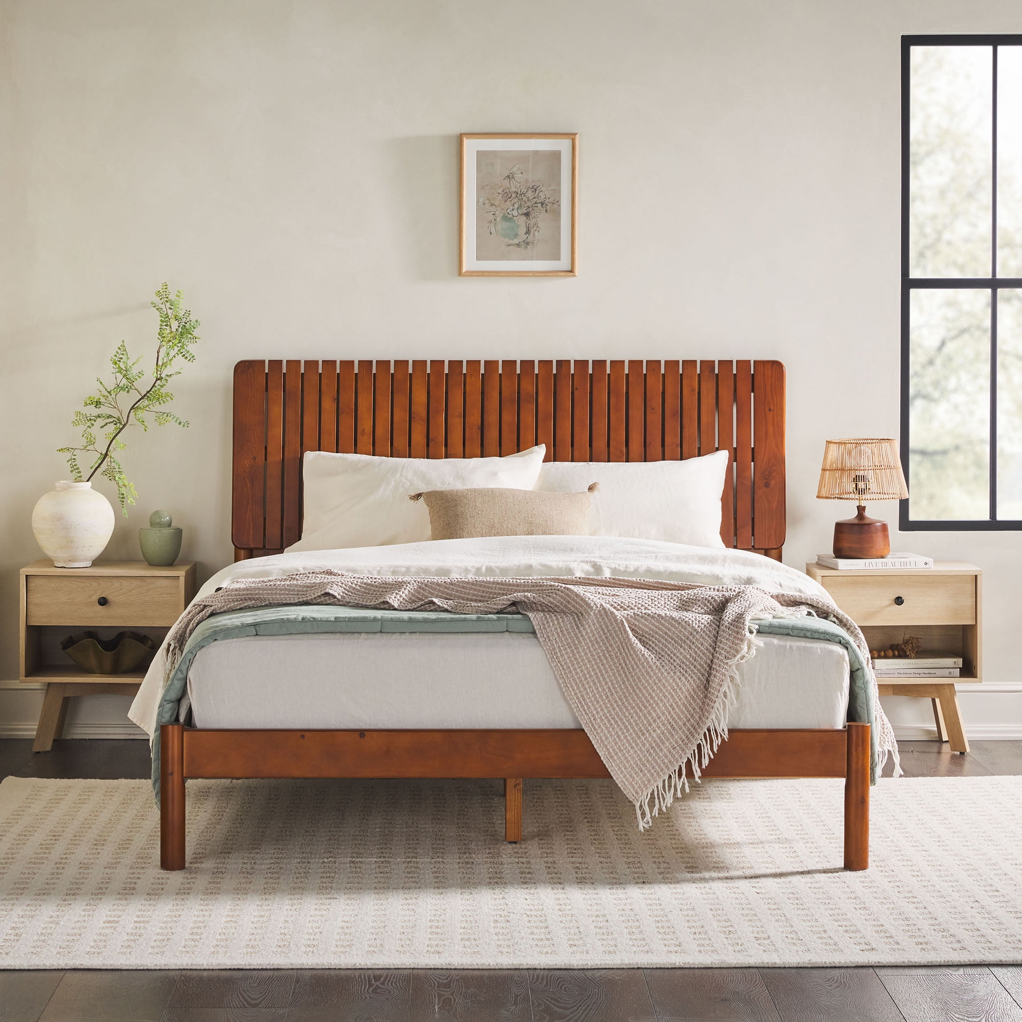 Walker Edison Transitional Solid Wood Platform Queen Bed, Dark Brown