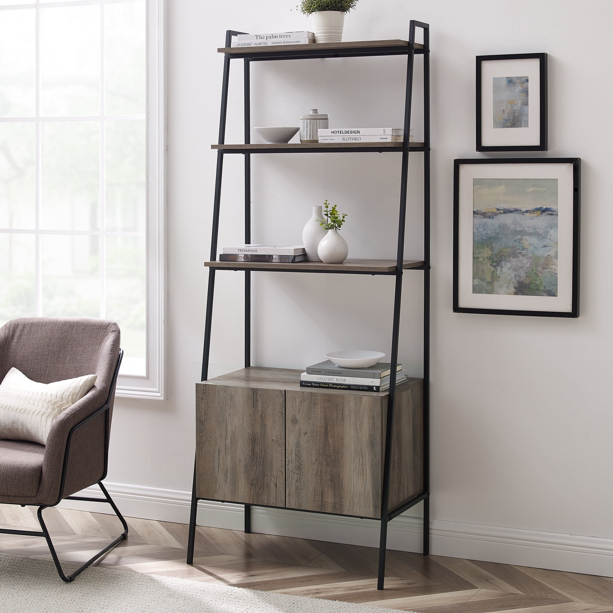 Walker Edison Urban Industrial 4-Shelf Ladder Bookcase, Grey Wash