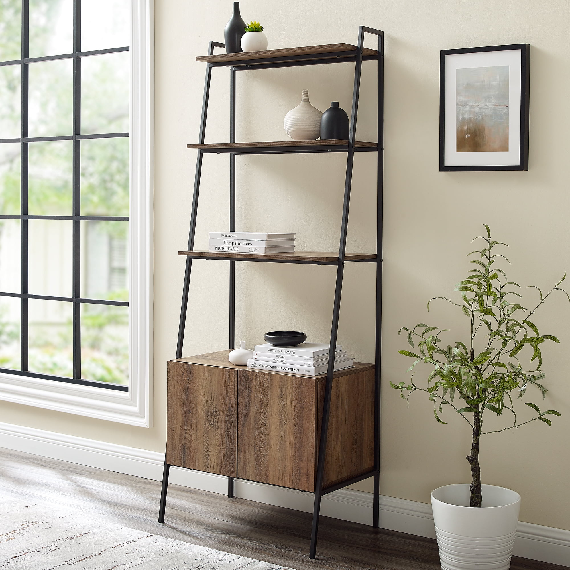 Walker Edison Urban Industrial 4-Shelf Ladder Bookcase, Reclaimed Barnwood