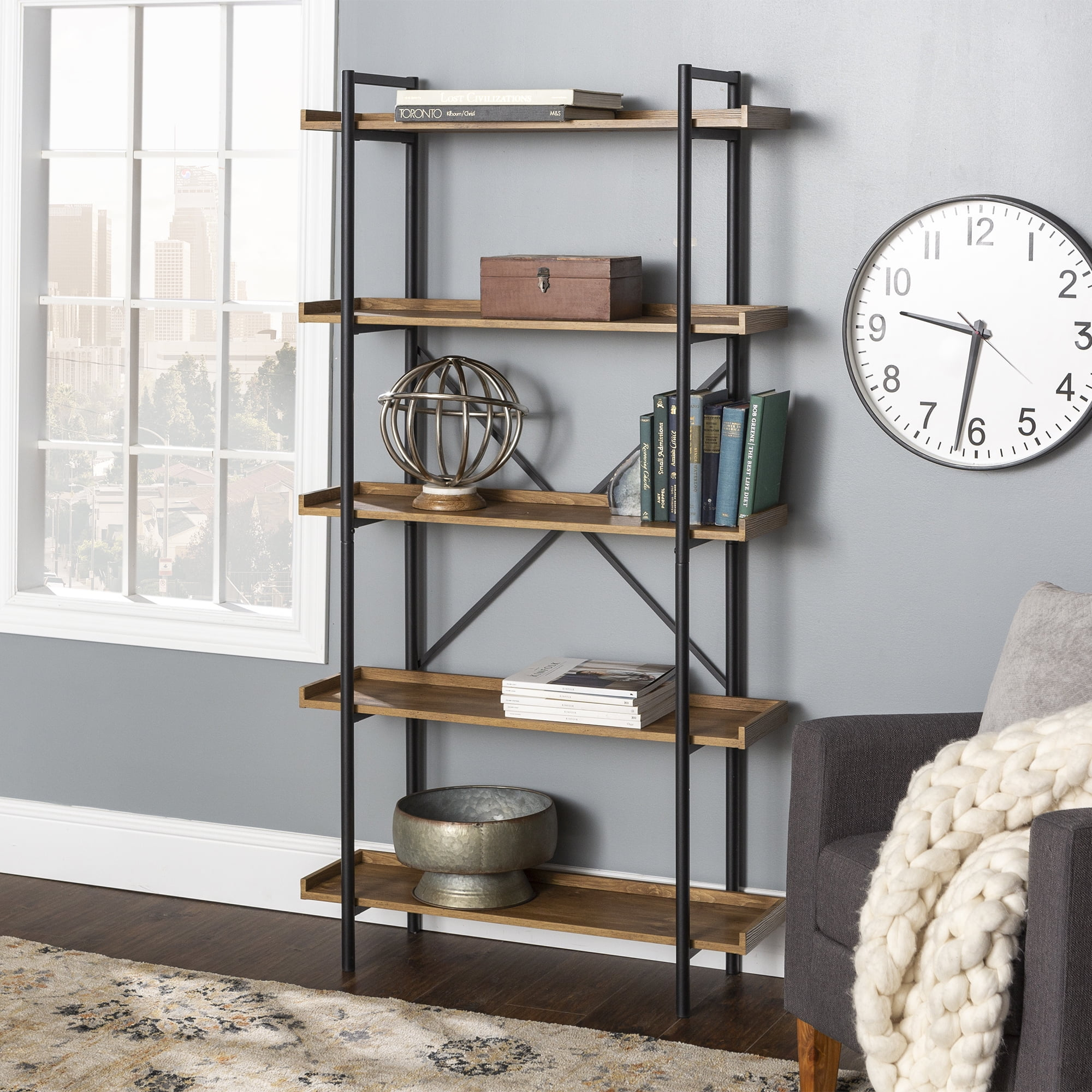 68" Urban Pipe Bookcase with 5 wood Shelves in Barnwood brown