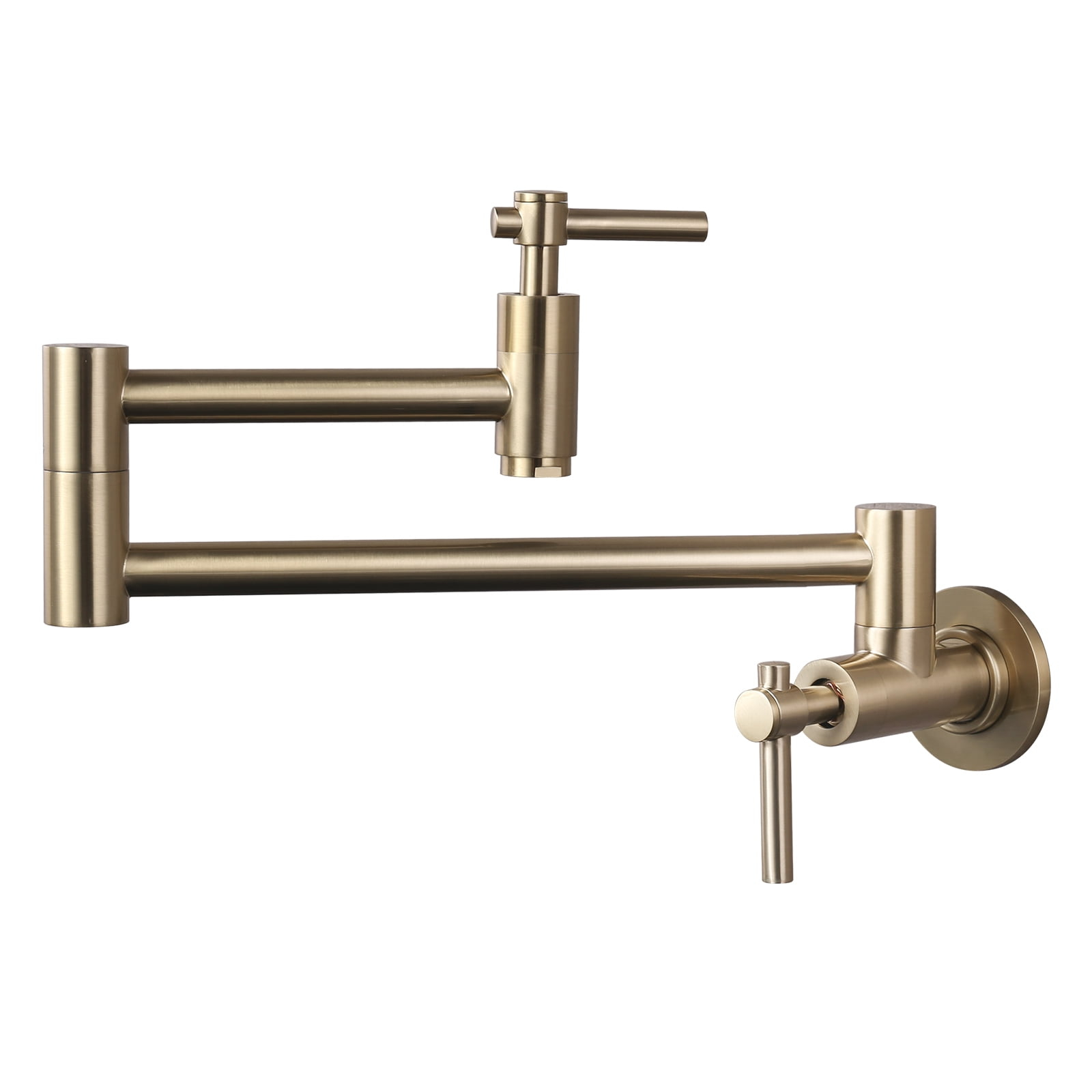 Wall Mount Pot Filler, Gold Brass Pot Filler Faucet with 2 Handles, Single Hole Stretchable Faucet with Double Joint Swing Arm Pot Filler above Stove