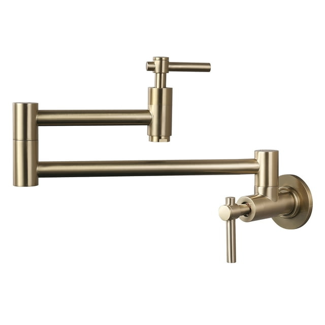Wall Mount Pot Filler, Gold Brass Pot Filler Faucet with 2 Handles, Single Hole Stretchable Faucet with Double Joint Swing Arm Pot Filler above Stove