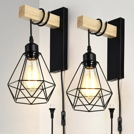 Plug in Wall Sconces Set of 2 with 6 FT On/Off Switch Cord, Wall Light Fixtures Black Industrial Farmhouse Indoor Wall Latern For Bedroom Living Room
