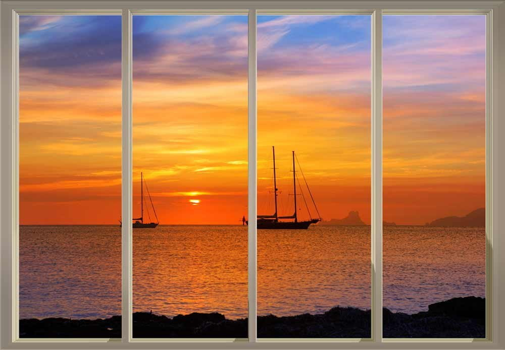 Wall26 - Sunset Over The Ocean as Boats Sail Near The Rocks Viewed from Sliding Door - Creative Wall Mural, Peel and Stick Wallpaper, Home Decor - 66x96 inches
