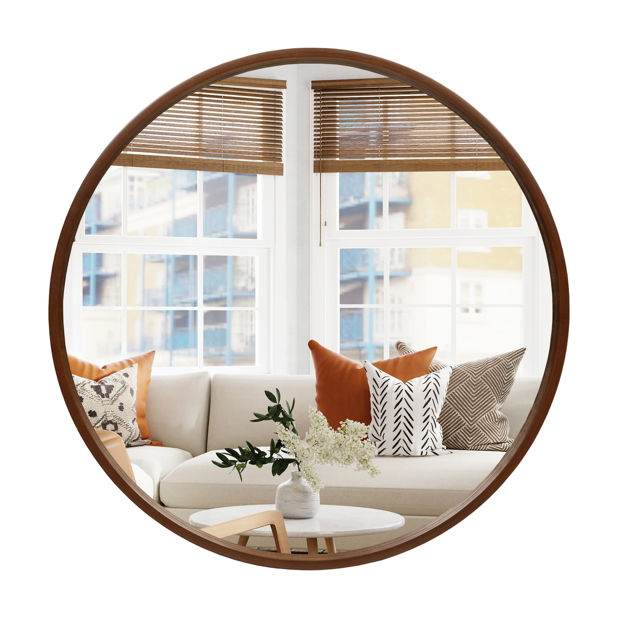 WallBeyond Classic Wooden Frame Farmhouse Round Wall Mirror Satin Walnut 24 inches Brown