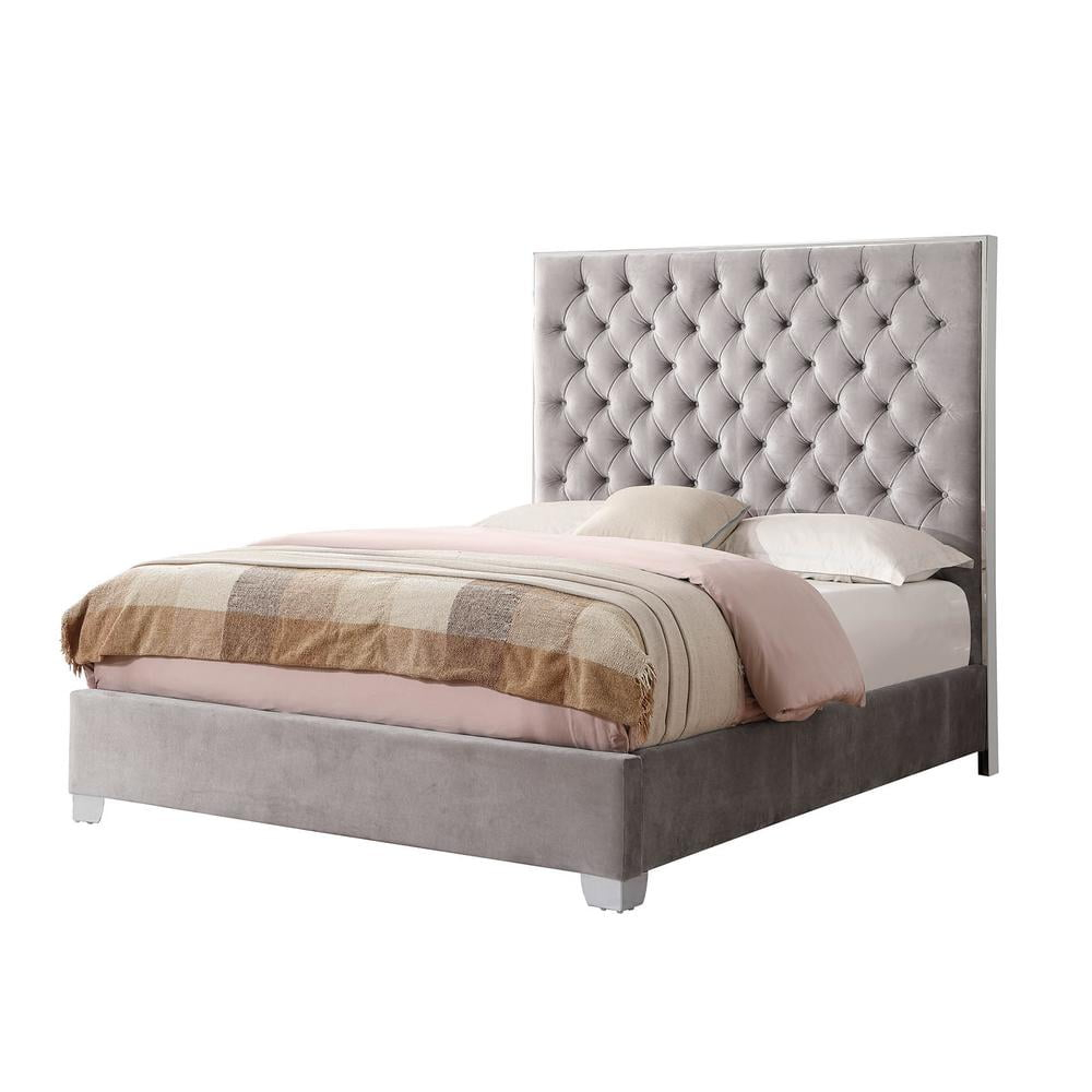 Wallace & Bay Queen Upholstered Bed with Velvet Fabric, Chrome Trim, Button Tufted Headboard