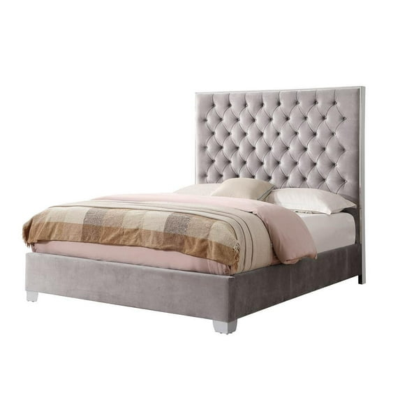 Wallace & Bay Queen Upholstered Bed with Velvet Fabric, Chrome Trim, Button Tufted Headboard