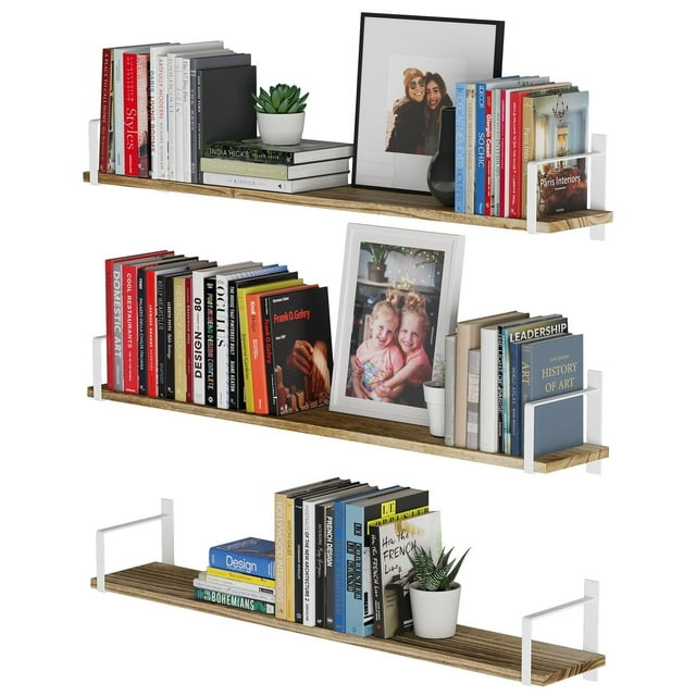 Wallniture  Toledo 36" Floating Bookshelves for Farmhouse Wall Décor, Burnt Finish, Set of 3